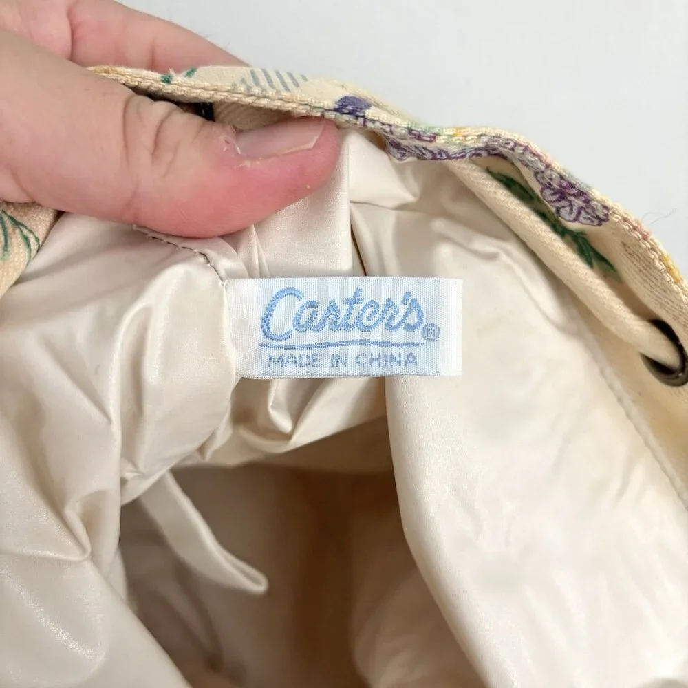 Carter’s Vintage Canvas Drawstring Backpack Cream Floral and Stripe Pattern